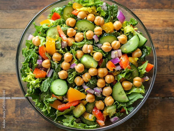Fototapeta Top view vibrant chickpea salad round glass bowl fresh cucumber cherry tomato bell pepper red onion mixed green healthy eating vegetarian recipe colorful culinary presentation leafy casual plant based