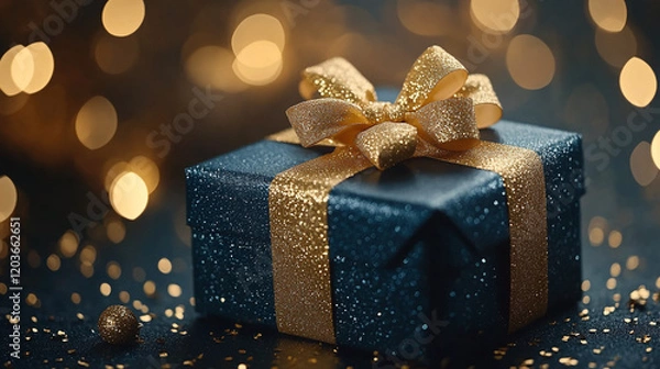 Fototapeta A festive scene of a blue gift box with a gold ribbon and bow, enhanced by golden bokeh lights that bring an enchanting glow to the deep blue background.