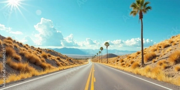 Fototapeta A sun-drenched highway cuts through a vibrant desert landscape, lined with tall palm trees and golden grasses under a brilliant blue sky