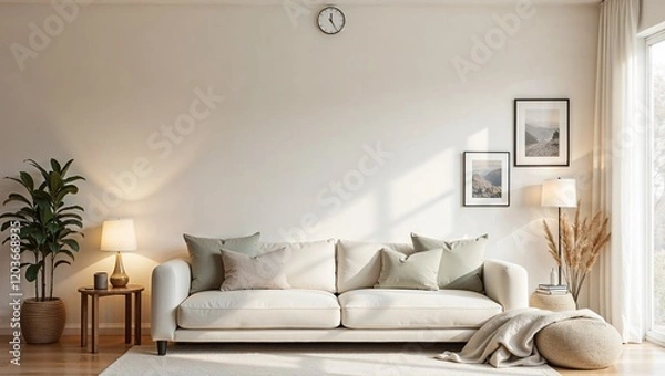 Fototapeta A spacious living room featuring minimalist furniture, large windows allowing natural light, and a neutral color palette with subtle accents
