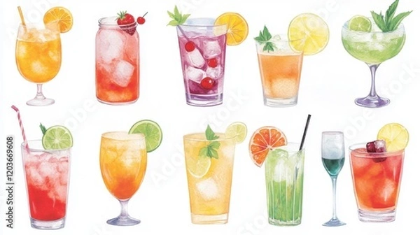 Fototapeta A vibrant assortment of colorful cocktails featuring fruits, ice, and garnishes, perfect for summer celebrations and refreshing gatherings.