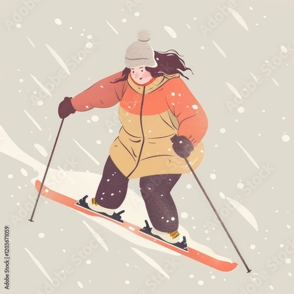 Fototapeta A young chubby woman of large size is skiing in the snow. An active lifestyle. A winter sport.