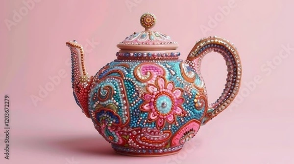 Fototapeta Ornate teapot with intricate beadwork design on pink background