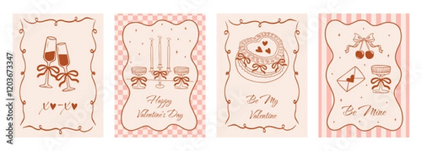 Fototapeta Set of vintage greeting cards for Valentine's Day in coquette style. Illustration romantic border with ribbon frame and bow in the la Dolce Vita aesthetic. Vector retro doodle hand drawn.