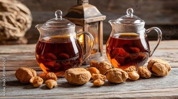 Fototapeta Cozy Autumn Tea with Homemade Cookies in Rustic Setting