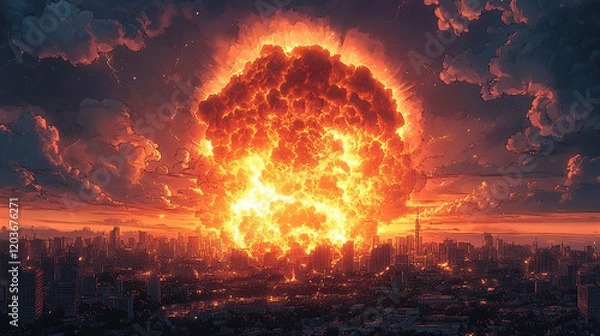 Obraz A huge fiery explosion, lightning flashing frighteningly, destroyed the city