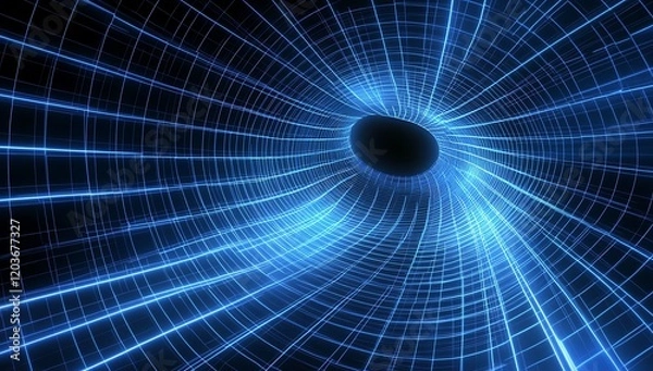 Fototapeta A visual representation of a black hole with a grid pattern illustrating spacetime distortion