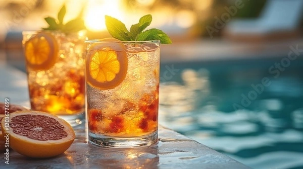 Fototapeta Refreshing citrus cocktails poolside at sunset, a summer beverage with sparkling bubbles and garnishes, perfect for a relaxing vacation moment