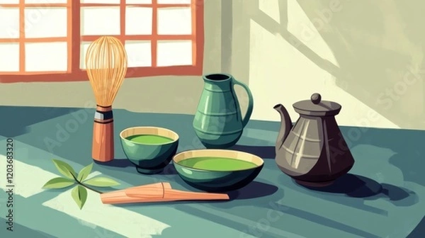 Fototapeta Traditional Japanese tea ceremony setup with matcha bowl, whisk, and tea pot