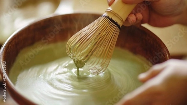 Fototapeta Matcha green tea powder in a ceramic bowl with a bamboo whisk, surrounded by green tea leaves on a wooden background