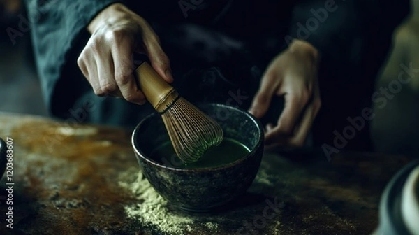 Fototapeta Matcha green tea powder in a ceramic bowl with a bamboo whisk, surrounded by green tea leaves on a wooden background
