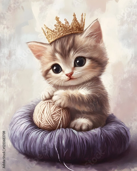 Fototapeta A cute kitten wearing a crown plays with a ball of yarn in a cozy setting.