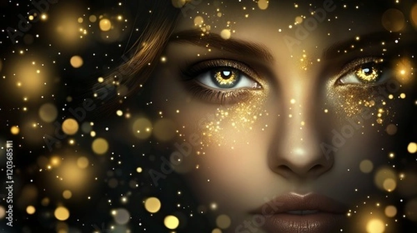 Obraz Fantasy Portrait with Intense Green Eyes and Gold Glitter in a Magical Cosmic Atmosphere
