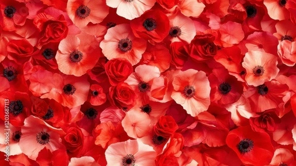 Fototapeta Mini red poppies seamless pattern, vibrant floral design, intricate details, suitable for textiles, wallpapers, and various decorative uses