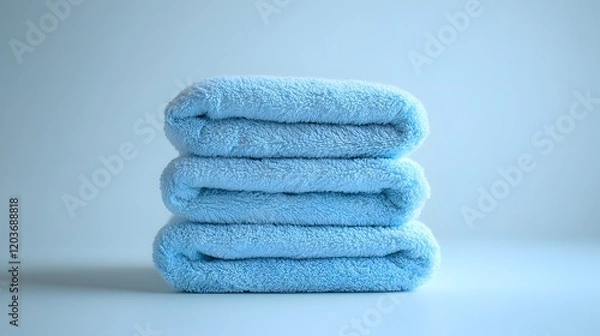 Fototapeta Soft blue cotton towels stack neatly folded, showcasing plush luxury bathroom textiles with high-quality fabric texture in pale blue theme, creating spa-like atmosphere against white background.