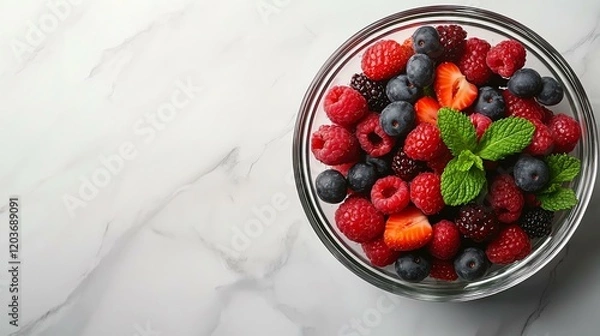 Fototapeta A vibrant bowl of assorted fresh berries with mint on a marble countertop.