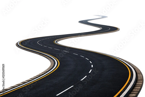 Fototapeta A curved road with yellow and white markings bordered by reflective barriers, offering a sense of direction and perspective. Isolated on a transparent background