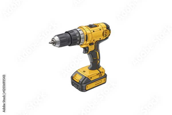 Fototapeta Yellow and black cordless power drill with a sturdy grip, silver chuck, and ergonomic design, emphasizing practicality and modern engineering. Isolated on a transparent background