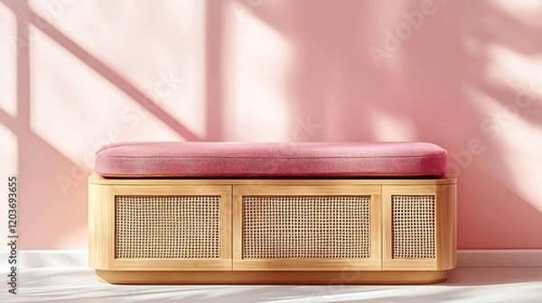 Obraz Storage bench with woven baskets and cushioned top on pink background