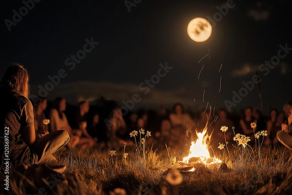 Fototapeta Group gathering around a fire under a full moon during a spring equinox ritual, celebrating unity and renewal in nature