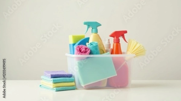Fototapeta A Colorful Collection of Cleaning Supplies Neatly Organized in a Clear Plastic Container Ready for Use