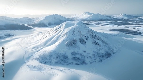 Fototapeta Frozen Peaks: A majestic vista of snow-capped mountains stretches out under a brilliant blue sky, their pristine white peaks piercing the clouds, evoking a sense of awe and tranquility.
