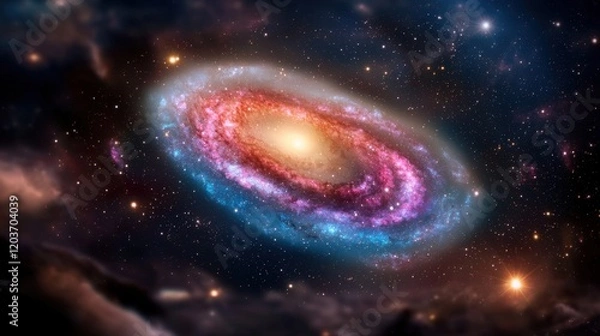 Obraz A mesmerizing wallpaper featuring a vibrant galaxy sky filled with swirling shades of blue, purple, and pink, dotted with twinkling stars and distant nebulae, creating a breathtaking cosmic display.