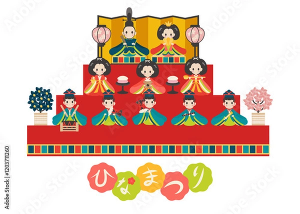 Fototapeta ひな人形3段とひなまつりの文字　ベクターイラスト