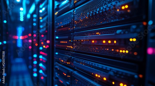 Fototapeta Colorful lights blink from servers in a modern data center at night