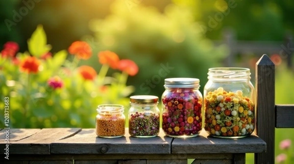 Obraz Sunlit Jars of Dried Flower Blossoms and Seeds on Rustic Wooden Fence