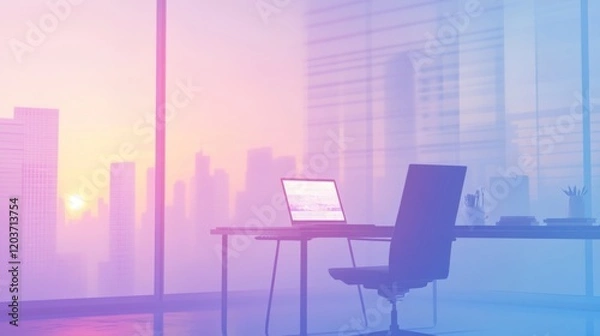 Fototapeta A Modern office with large window showcasing cityscape at sunrise, symbolizing corporate optimism and future potential, featuring minimalist design with sleek desk, chair, and glowing laptop screen.	