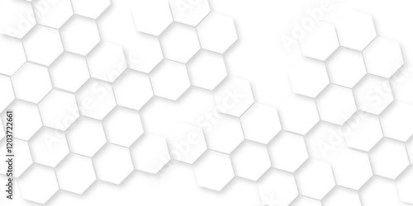 Obraz Minimal white hexagonal hexagon modern technology,Abstract white and grey color hexagonal geometric background with copy space,Surface polygon pattern with glowing hexagon paper texture and futuristic
