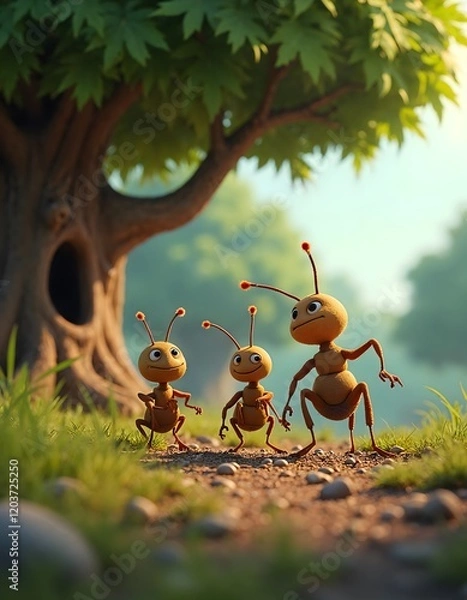 Obraz Adorable Group of Cartoon Ants Building a Home Underneath a Fluffy Green Tree