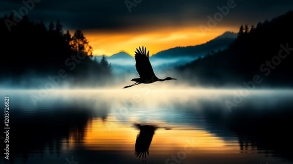 Fototapeta Crane in flight over misty lake at sunrise, mountain backdrop, nature scene