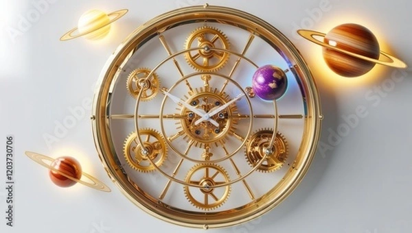 Fototapeta Celestial clock mechanism displaying planets indoor art installation modern decor aesthetic view