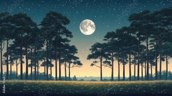 Fototapeta Tranquil moonlit forest landscape, majestic trees under a starry sky. Generated AI