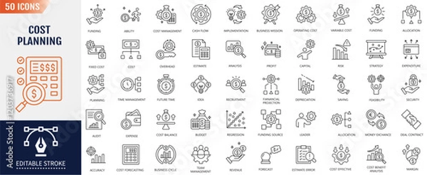 Fototapeta Cost planning line icon set. Editable stroke. Containing budget, expense, estimate, investment, allocation, funding icon. Vector illustration