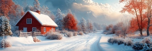 Fototapeta Winter landscape featuring a red cottage surrounded by snow and autumn trees