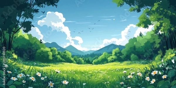 Fototapeta Green landscape with daisies and cloudy sky, animated scenery, digital art, Generated AI