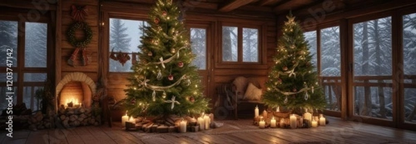 Fototapeta A majestic fir tree decorated with candles, pinecones, and ribbons in a rustic cabin, cozy retreat, rustic cabin, ribbon decorations