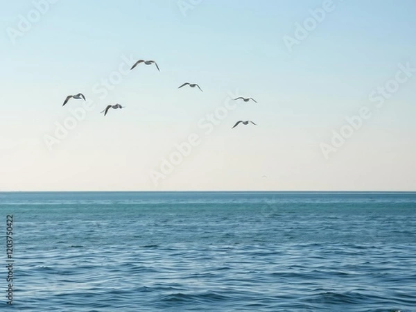 Obraz A calm sea with a few seagulls flying overhead, natural beauty, seagulls
