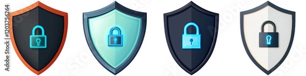 Fototapeta Cyber security and sleek, Four stylized shields featuring padlocks, representing security and protection in a digital or cybersecurity context.