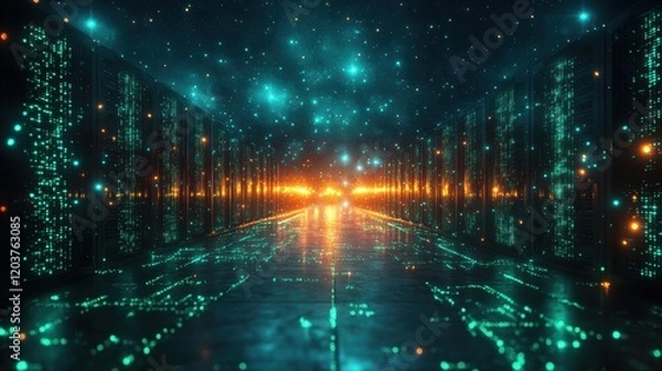 Fototapeta Futuristic data center with glowing neon servers and digital network