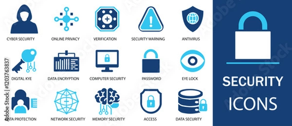Fototapeta Security icon set. Featuring detailed illustrations of safety, insurance, data protection, detector, sensor, locked, password and cybersecurity icon. Cohesive set of scalable vector icons.