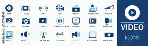 Fototapeta Video icon set. Featuring detailed illustrations of camera, play, pause, media, online video, live, production, player, movie and cinema icons. Cohesive set of scalable vector icons.