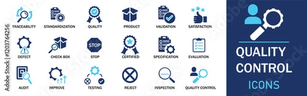 Fototapeta Quality control icon set. Featuring detailed illustrations of inspection, evaluation, product, quality assurance, process, testing and more. Cohesive set of scalable vector icons.