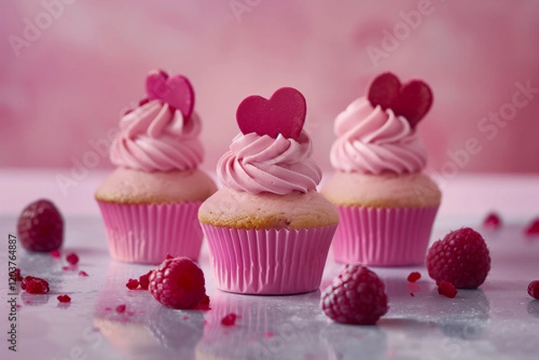 Fototapeta Three pink cupcakes with heart shaped frosting and raspberries on a light background