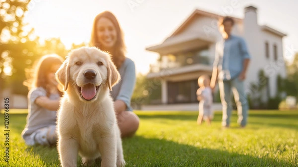 Fototapeta happy family enjoying time with their puppy on sunny lawn. children play nearby while parents watch, creating joyful and warm atmosphere