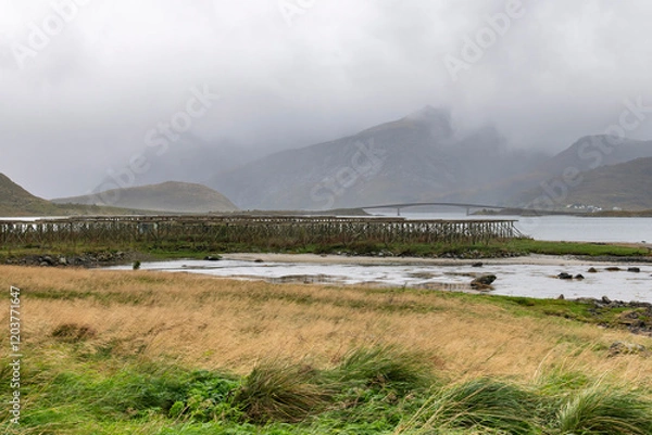 Fototapeta Panoramic view over the water and landscape with traditional racks for drying fish near Ramberg, Norway on the Lofoten island chain archipelago with Flakstad bridge in background