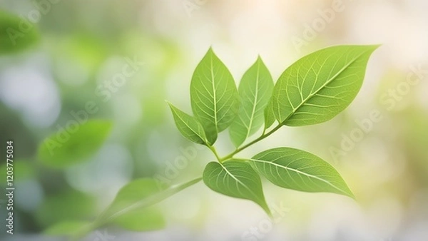 Fototapeta Close-up of vibrant green leaves on a branch against a soft, blurred natural background.